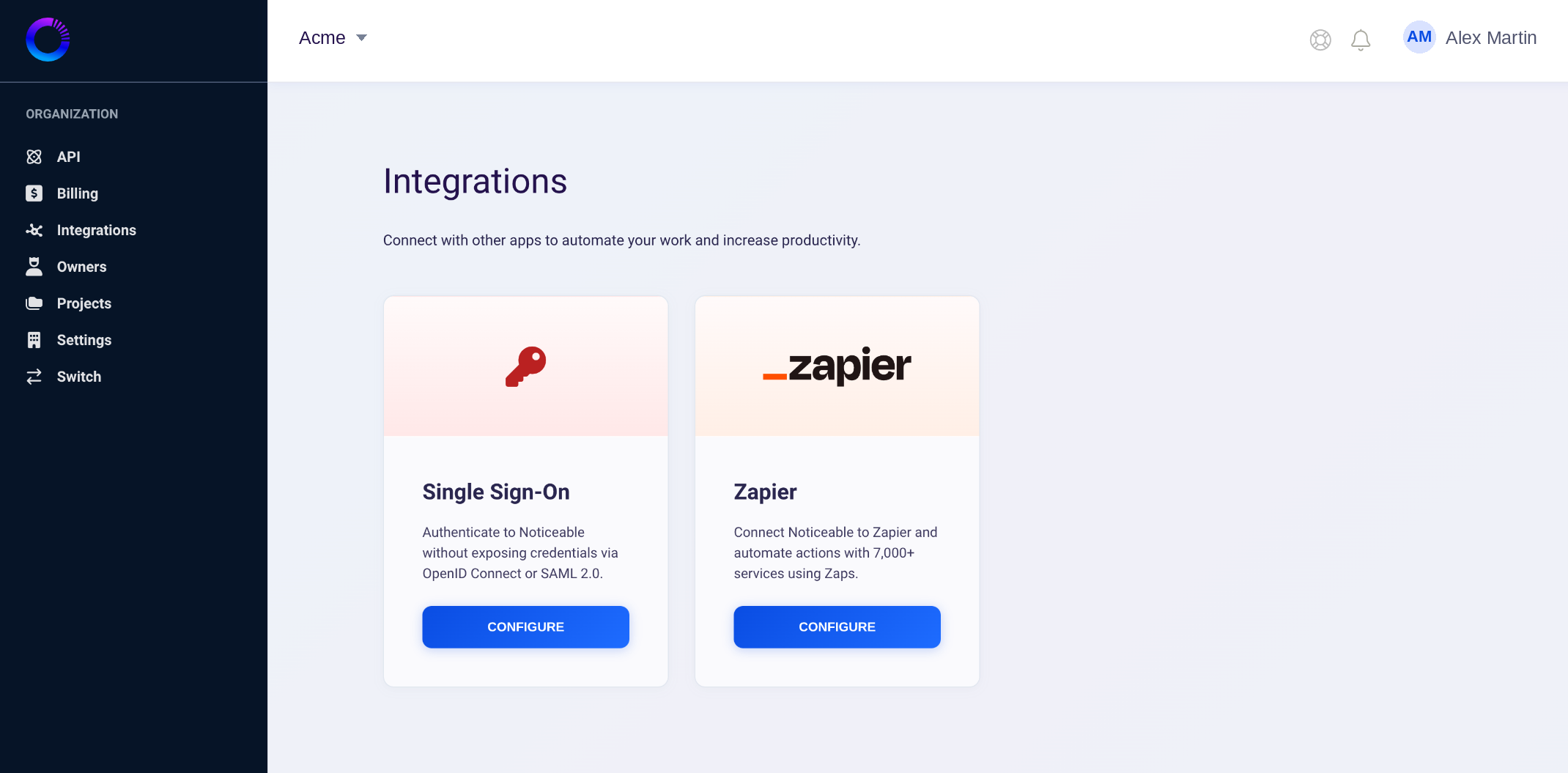 The integrations page of the Noticeable dashboard