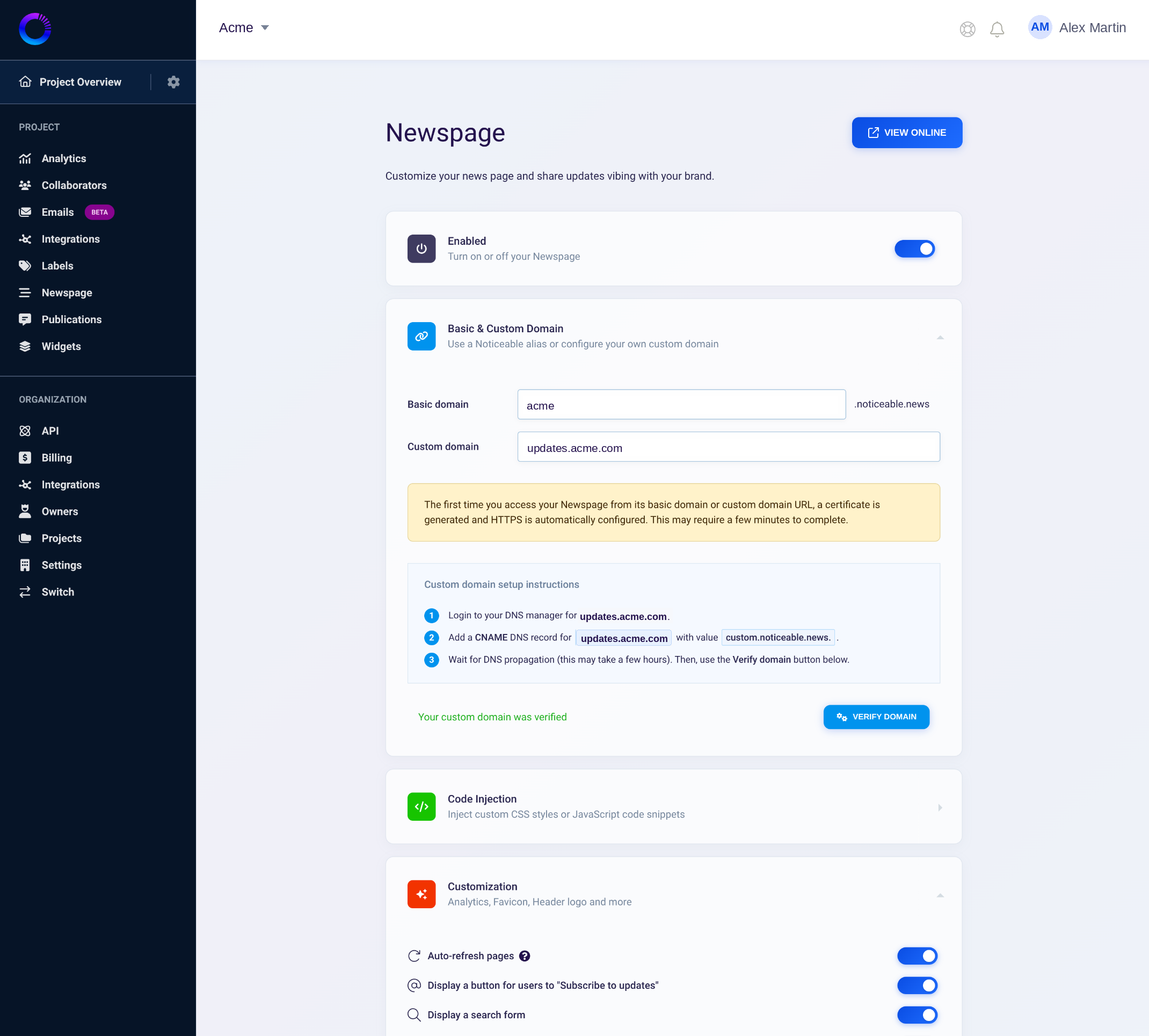 Newspage settings in the Noticeable dashboard: basic and custom domain configuration with DNS instructions