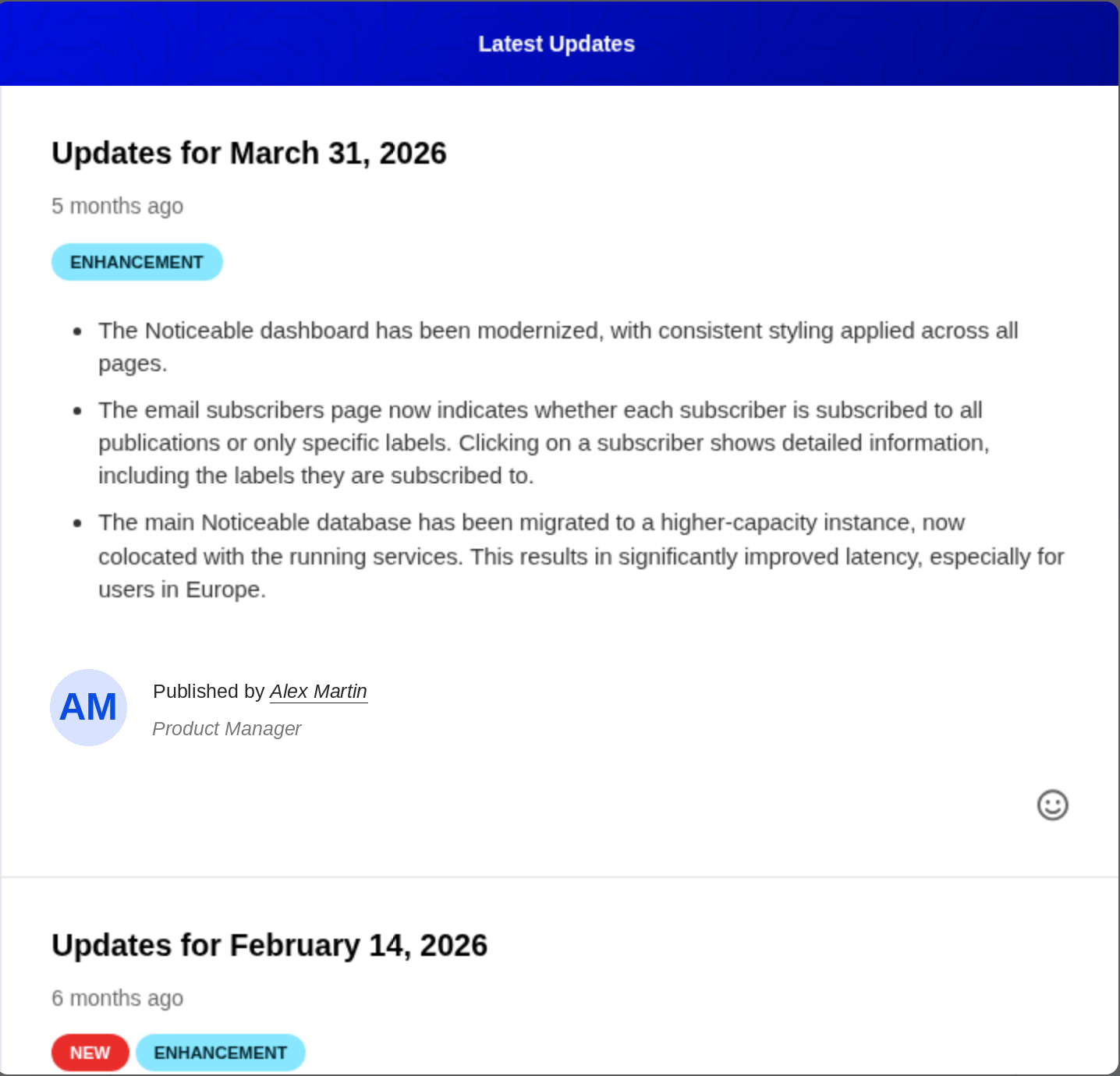 The Noticeable widget open inside an app, showing the latest updates